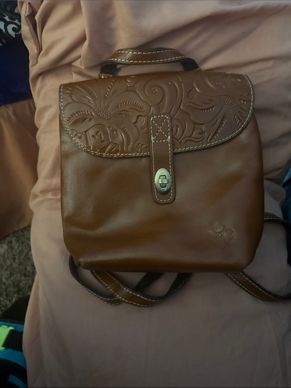 Patricia Nash Brown Leather Embossed Flap Backpack